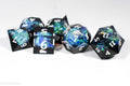 Deep Nether Sharp Edge Resin 7-Dice Dice (Blue-Green and Black w/ White Numbers)