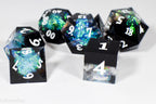 Deep Nether Sharp Edge Resin 7-Dice Dice (Blue-Green and Black w/ White Numbers)