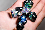 Deep Nether Sharp Edge Resin 7-Dice Dice (Blue-Green and Black w/ White Numbers)