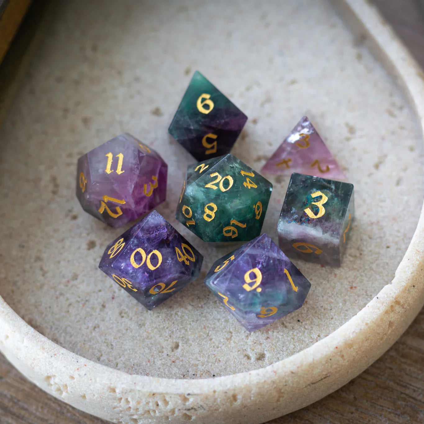 Fluorite Hand Carved Dice Set