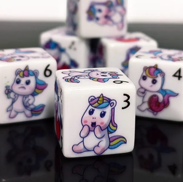 (White) Unicorn Dice | Printed d6 Dice Featuring Fantasy Animal Numbered